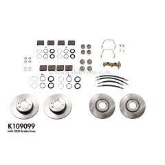 COMPLETE BRAKE KIT - DISCS, STAINLESS PISTONS, STOCK HOSES, FRONT & REAR PADS, CALIPER KITS, BRAKE MASTER CYLINDER, BLEED SCREWS AND STAINLESS REAR CALIPER BRIDGE PIPES