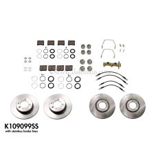 COMPLETE BRAKE KIT - DISCS, STAINLESS PISTONS, STAINLESS HOSES, FRONT & REAR PADS, CALIPER KITS, BRAKE MASTER CYLINDER, BLEED SCREWS AND STAINLESS REAR CALIPER BRIDGE PIPES